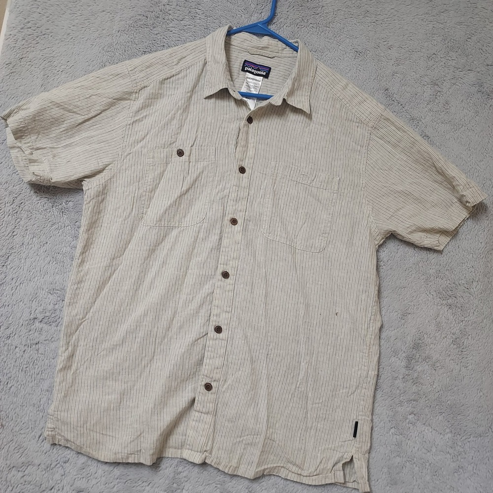 Patagonia Shirt Mens Large  Hemp Back Step Organic Cotton Striped Short Sleeve